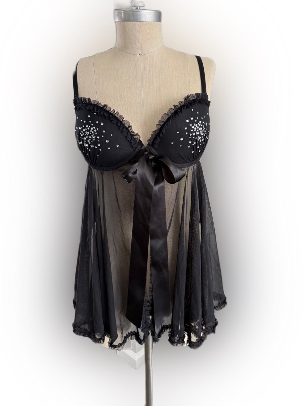 Victoria’s Secret Sexy Little Things Black Mesh Teddy Chemise Rhinestones. 36C